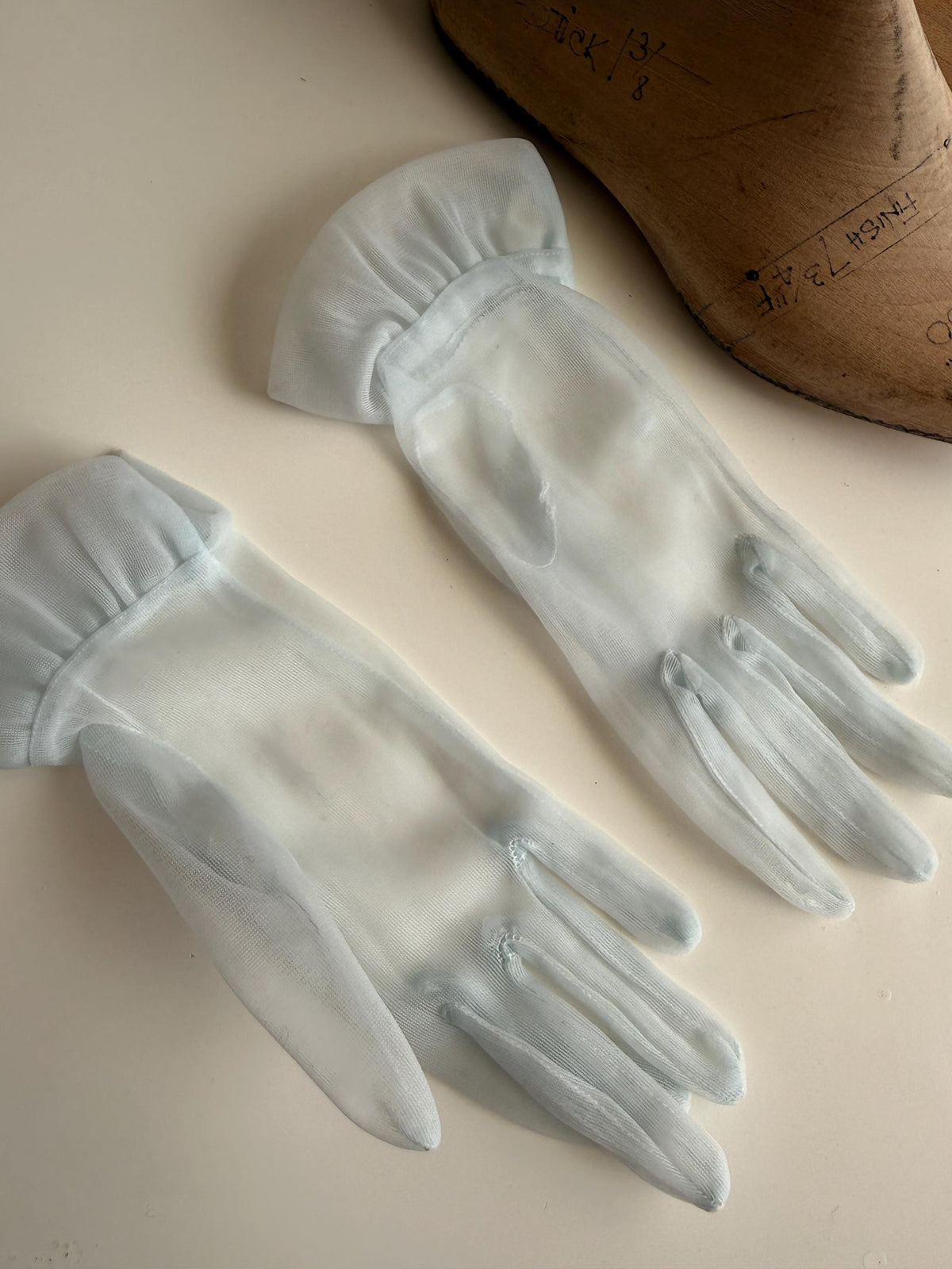 Vintage Ice Blue Sheer Gloves – Gathered Frill Cuffs, Plain Mesh, Bridal Occasion Accessories