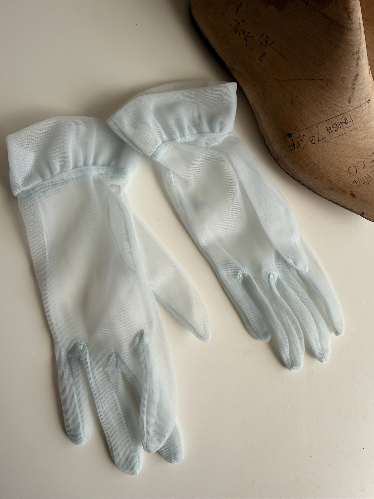Vintage Ice Blue Sheer Gloves – Gathered Frill Cuffs, Plain Mesh, Bridal Occasion Accessories