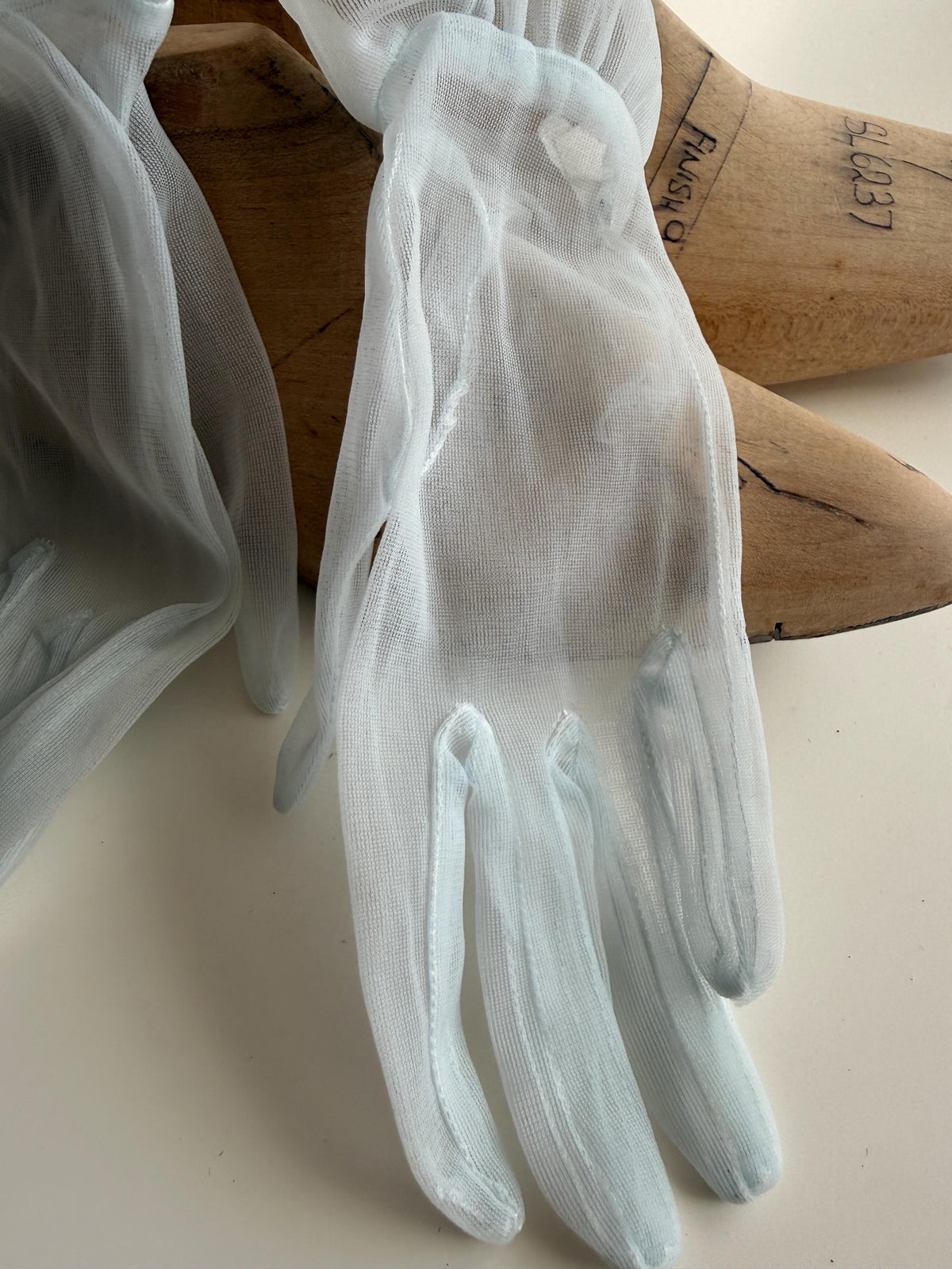 Vintage Ice Blue Sheer Gloves – Gathered Frill Cuffs, Plain Mesh, Bridal Occasion Accessories