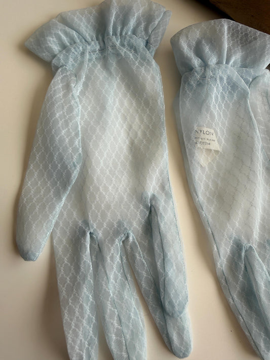 Vintage Pale Blue Nylon Gloves, Size 7 – Sheer Diamond Pattern, Frilled Cuffs, Bridal Accessories