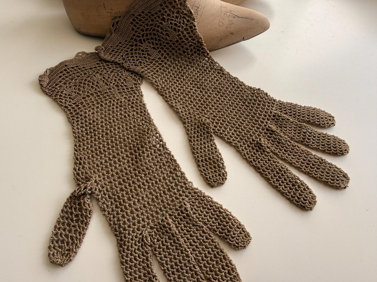 Vintage Taupe Crochet Gloves Openwork Lace, Floral Patterned Cuffs, Scalloped Edges