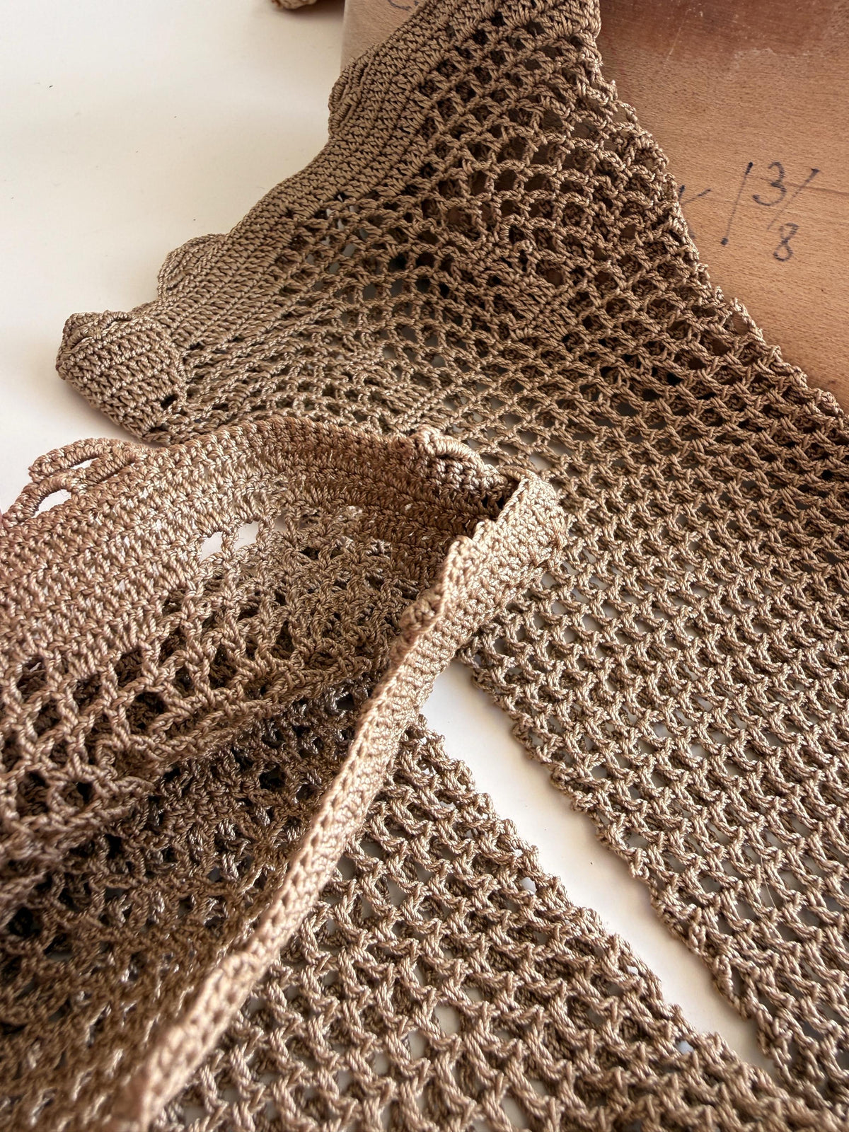 Vintage Taupe Crochet Gloves Openwork Lace, Floral Patterned Cuffs, Scalloped Edges
