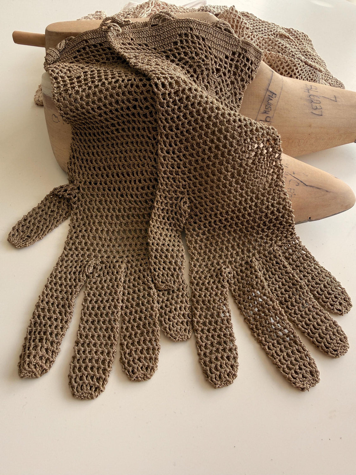 Vintage Taupe Crochet Gloves Openwork Lace, Floral Patterned Cuffs, Scalloped Edges