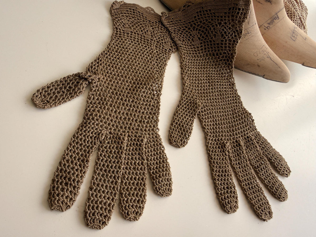 Vintage Taupe Crochet Gloves Openwork Lace, Floral Patterned Cuffs, Scalloped Edges