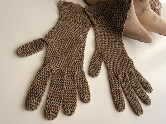 Vintage Taupe Crochet Gloves Openwork Lace, Floral Patterned Cuffs, Scalloped Edges