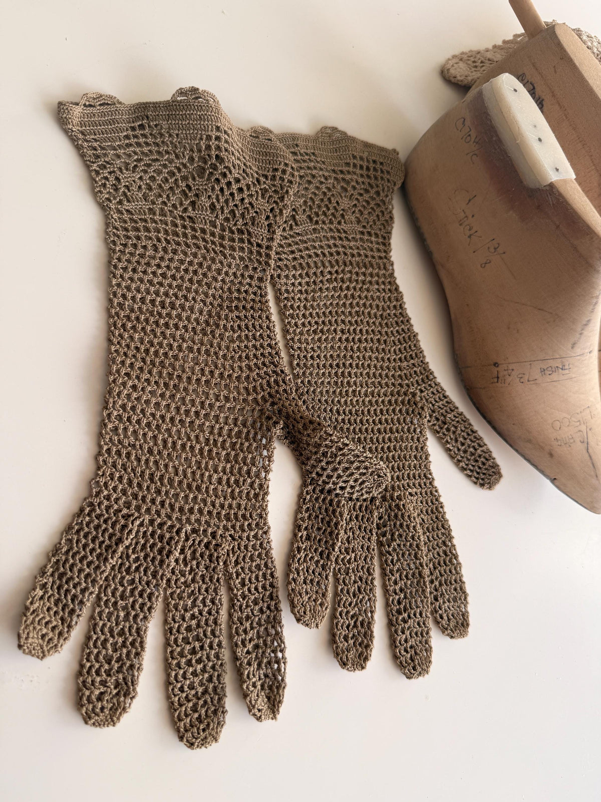 Vintage Taupe Crochet Gloves Openwork Lace, Floral Patterned Cuffs, Scalloped Edges