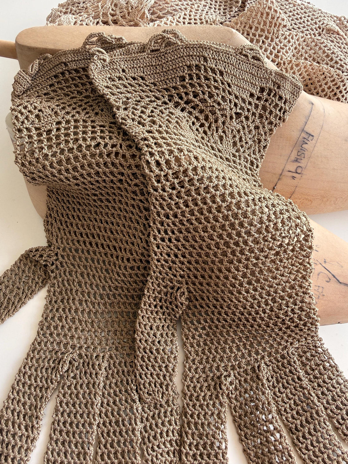 Vintage Taupe Crochet Gloves Openwork Lace, Floral Patterned Cuffs, Scalloped Edges