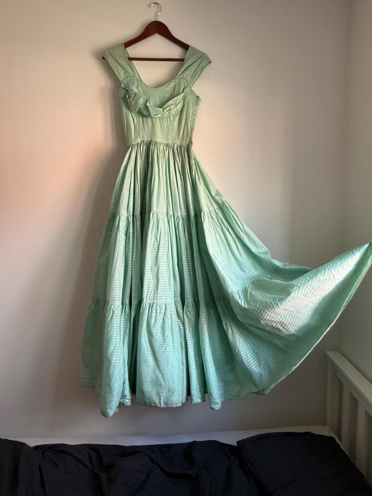 Vintage Robert Dorland for Bourne & Hollingsworth Evening Dress – Peppermint Green, Silver Stripes, Full Tiered Skirt