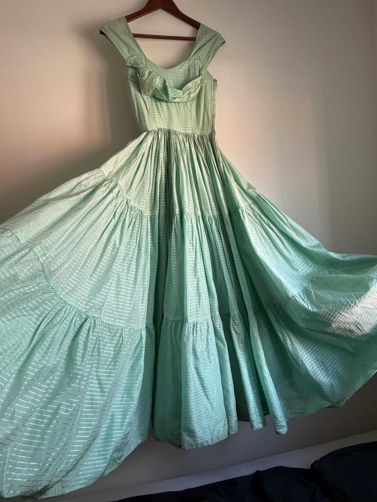 Vintage Robert Dorland for Bourne & Hollingsworth Evening Dress – Peppermint Green, Silver Stripes, Full Tiered Skirt