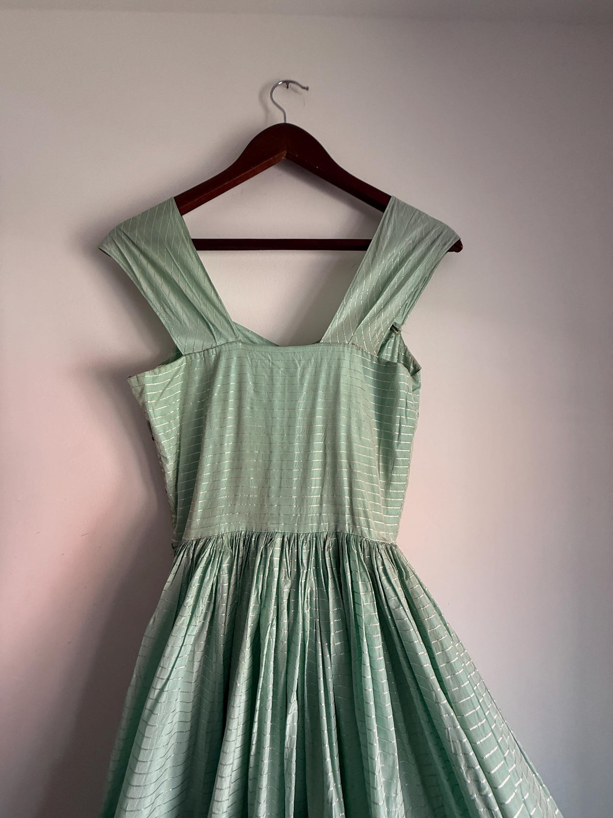 Vintage Robert Dorland for Bourne & Hollingsworth Evening Dress – Peppermint Green, Silver Stripes, Full Tiered Skirt
