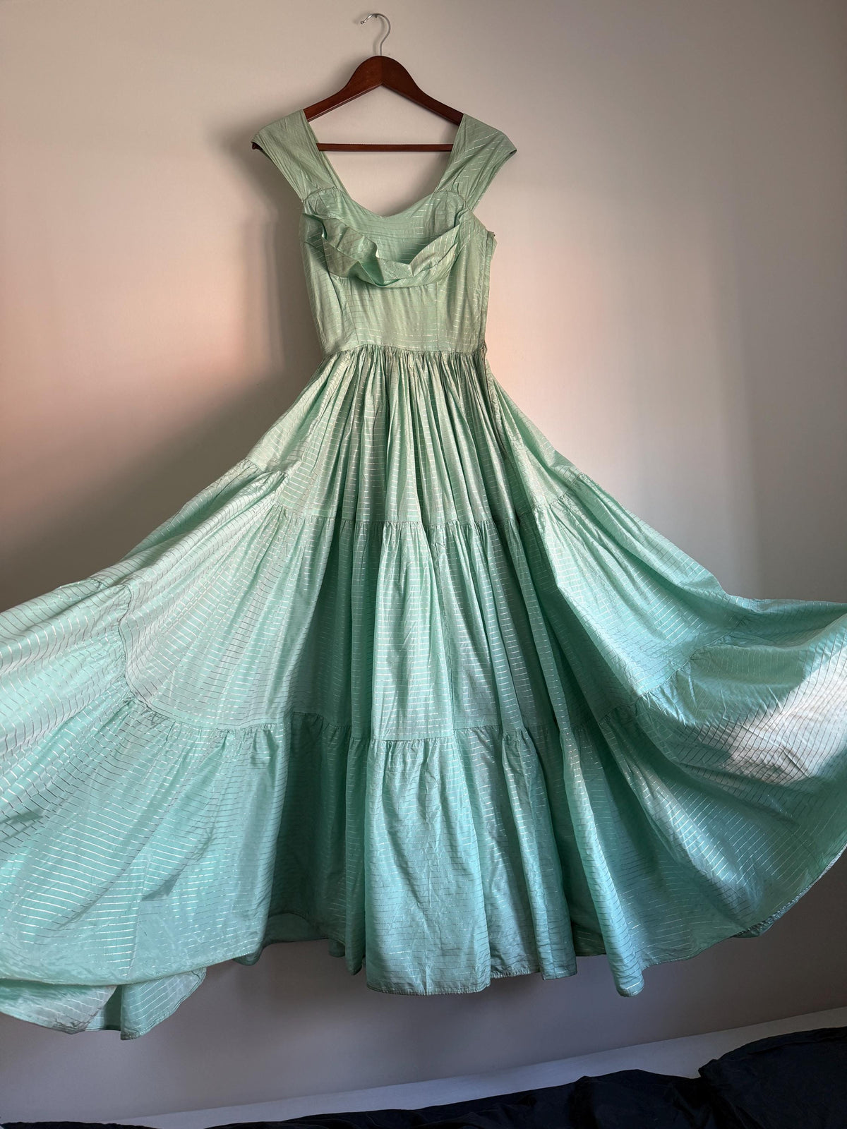 Vintage Robert Dorland for Bourne & Hollingsworth Evening Dress – Peppermint Green, Silver Stripes, Full Tiered Skirt