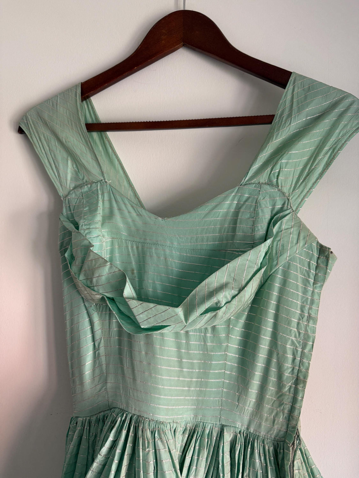 Vintage Robert Dorland for Bourne & Hollingsworth Evening Dress – Peppermint Green, Silver Stripes, Full Tiered Skirt