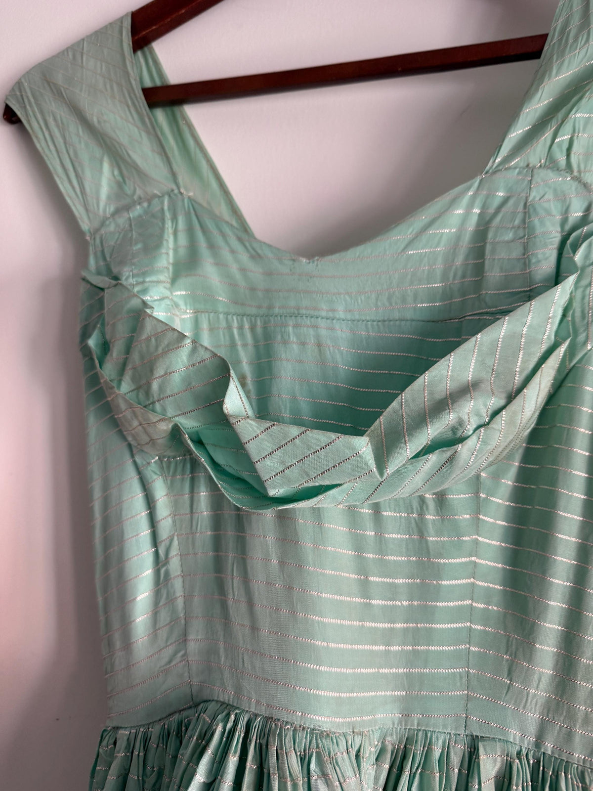 Vintage Robert Dorland for Bourne & Hollingsworth Evening Dress – Peppermint Green, Silver Stripes, Full Tiered Skirt