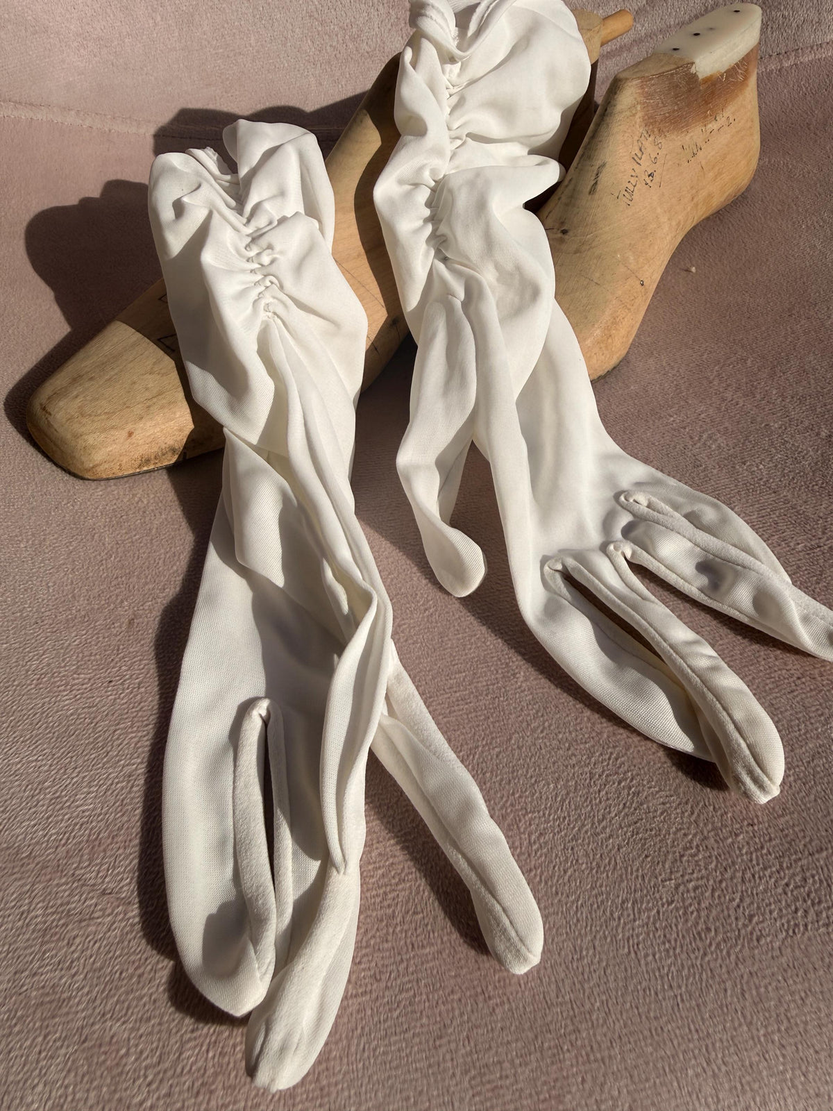 Vintage White Long Ruched Fabric Gloves – Gathered Cuffs, Bridal Evening Accessories