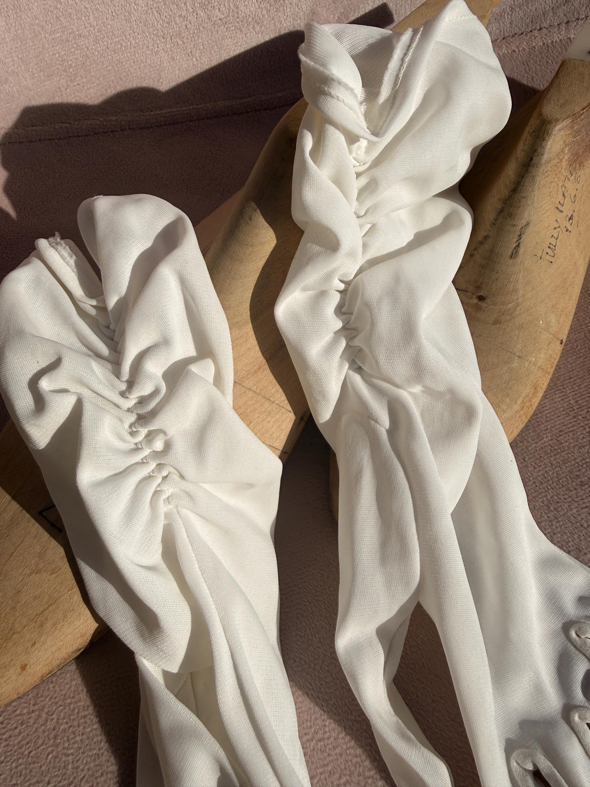 Vintage White Long Ruched Fabric Gloves – Gathered Cuffs, Bridal Evening Accessories