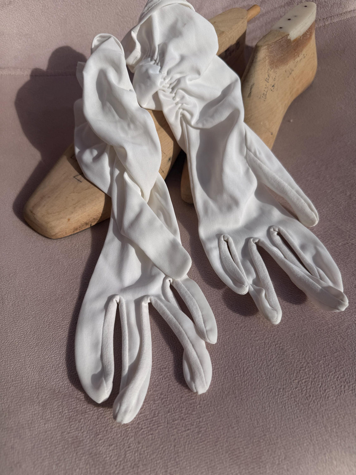 Vintage White Long Ruched Fabric Gloves – Gathered Cuffs, Bridal Evening Accessories