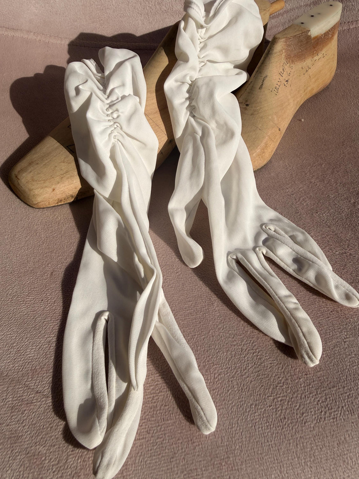 Vintage White Long Ruched Fabric Gloves – Gathered Cuffs, Bridal Evening Accessories
