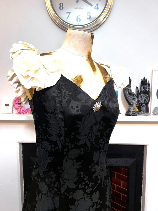 1980s Scott McClintock Black Floral Brocade Evening Gown, Ivory Ruffle Shoulders, Fishtail Maxi Dress