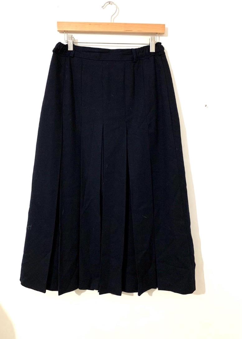 Vintage Navy Wool Pleated Midi Skirt, Straven A-Line, Dark Academia Style (UK 12)