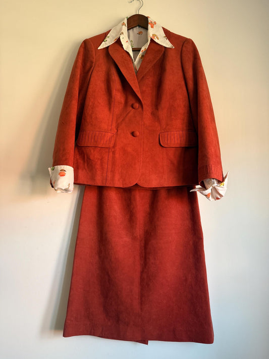 Vintage Rust Orange Faux Suede Skirt Suit, Tailored Two Piece with Covered Buttons and Decorative Stitching