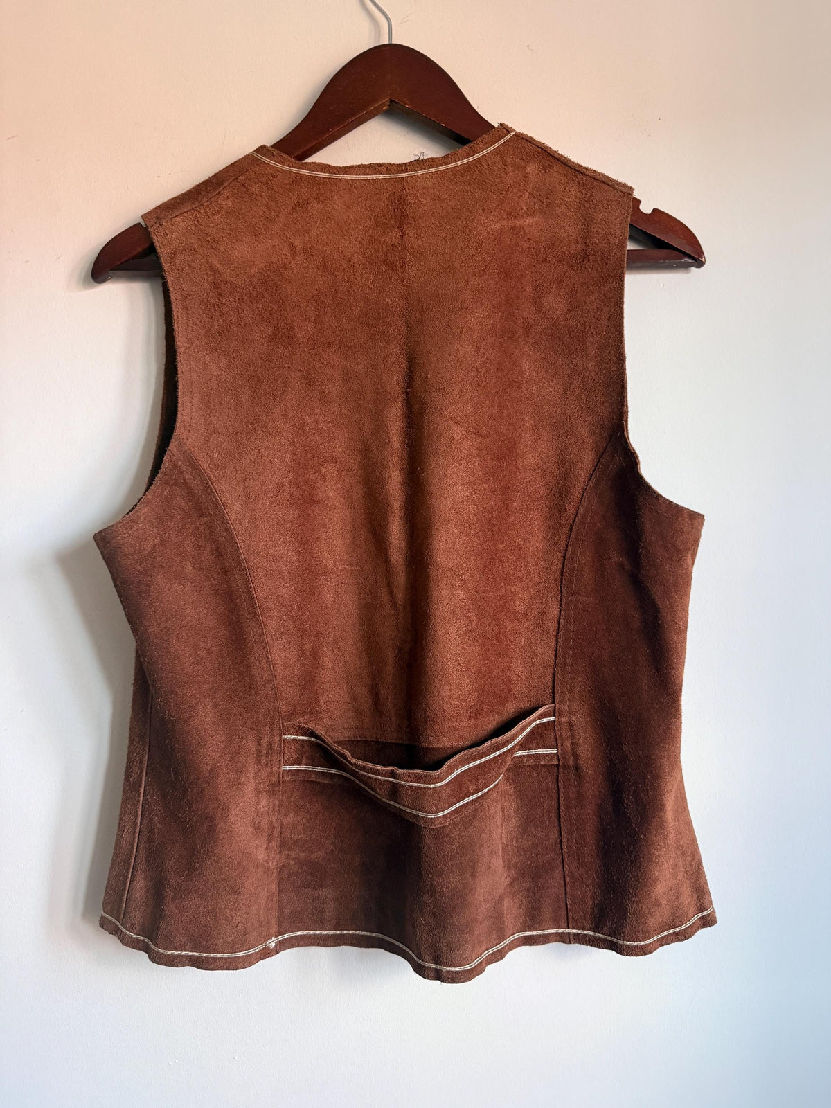 Vintage Highway Brown Suede Waistcoat, Made in England, Button Front Vest with Contrast Stitching and Back Half Belt