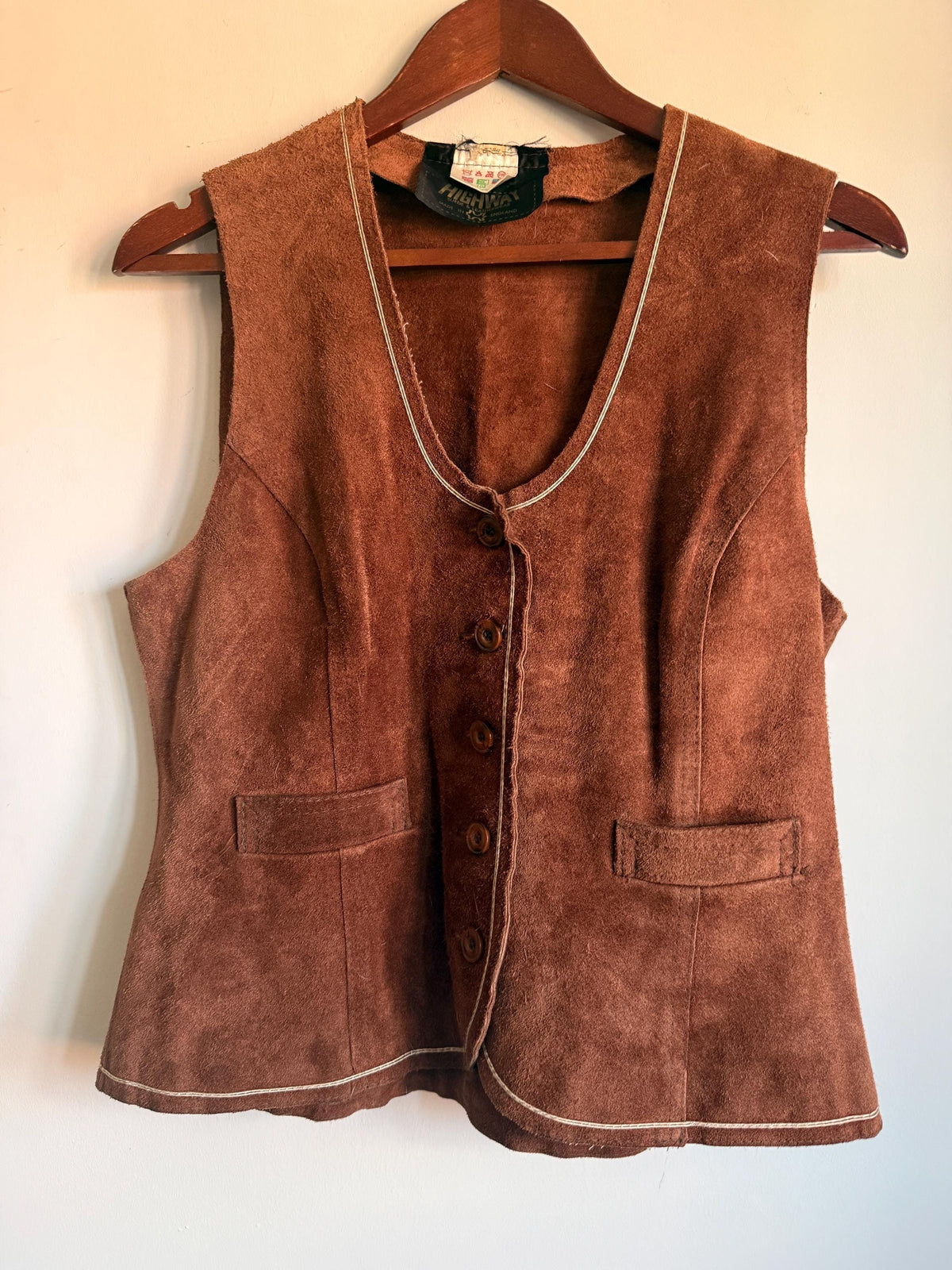 Vintage Highway Brown Suede Waistcoat, Made in England, Button Front Vest with Contrast Stitching and Back Half Belt
