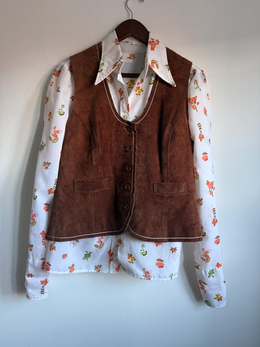 Vintage Highway Brown Suede Waistcoat, Made in England, Button Front Vest with Contrast Stitching and Back Half Belt