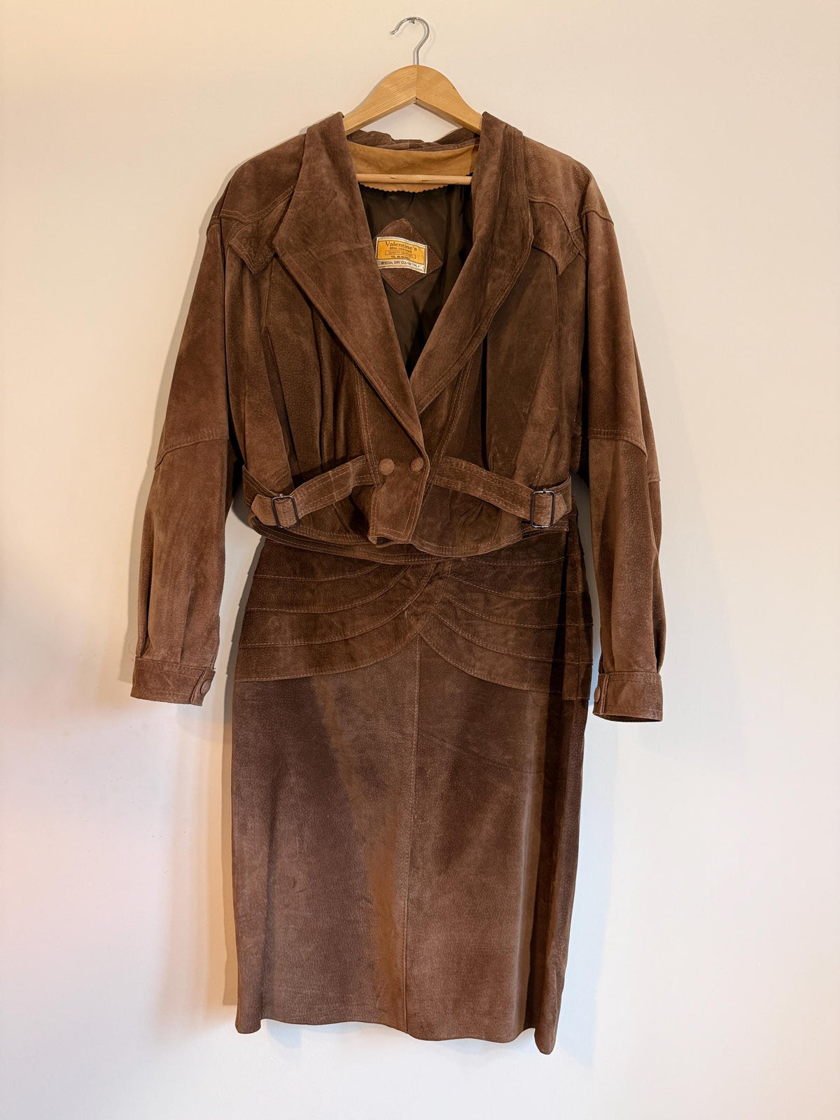 Vintage Brown Suede Skirt Suit, Cropped Buckle Jacket Sculpted Panel Detail, Genuine Leather Two Piece Western Style CoOrd, 1980s Womenswear