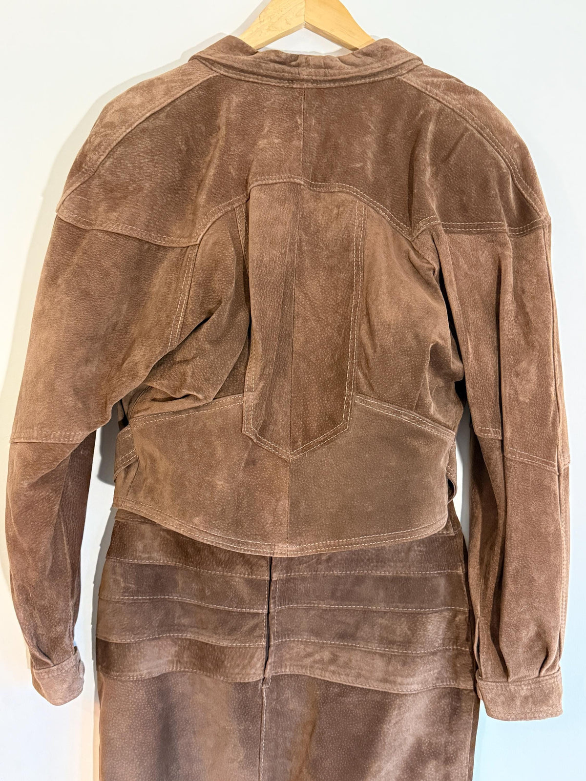 Vintage Brown Suede Skirt Suit, Cropped Buckle Jacket Sculpted Panel Detail, Genuine Leather Two Piece Western Style CoOrd, 1980s Womenswear