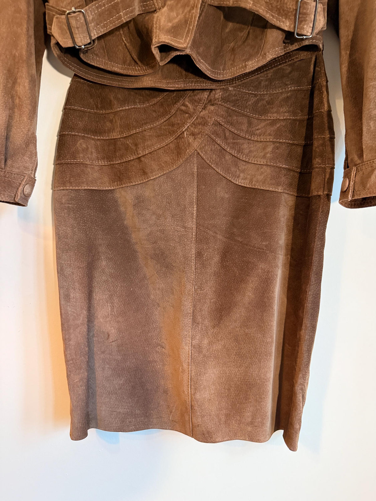 Vintage Brown Suede Skirt Suit, Cropped Buckle Jacket Sculpted Panel Detail, Genuine Leather Two Piece Western Style CoOrd, 1980s Womenswear