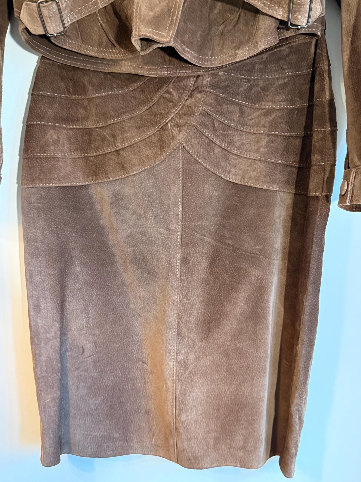 Vintage Brown Suede Skirt Suit, Cropped Buckle Jacket Sculpted Panel Detail, Genuine Leather Two Piece Western Style CoOrd, 1980s Womenswear