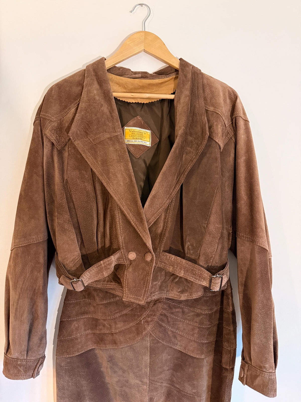 Vintage Brown Suede Skirt Suit, Cropped Buckle Jacket Sculpted Panel Detail, Genuine Leather Two Piece Western Style CoOrd, 1980s Womenswear