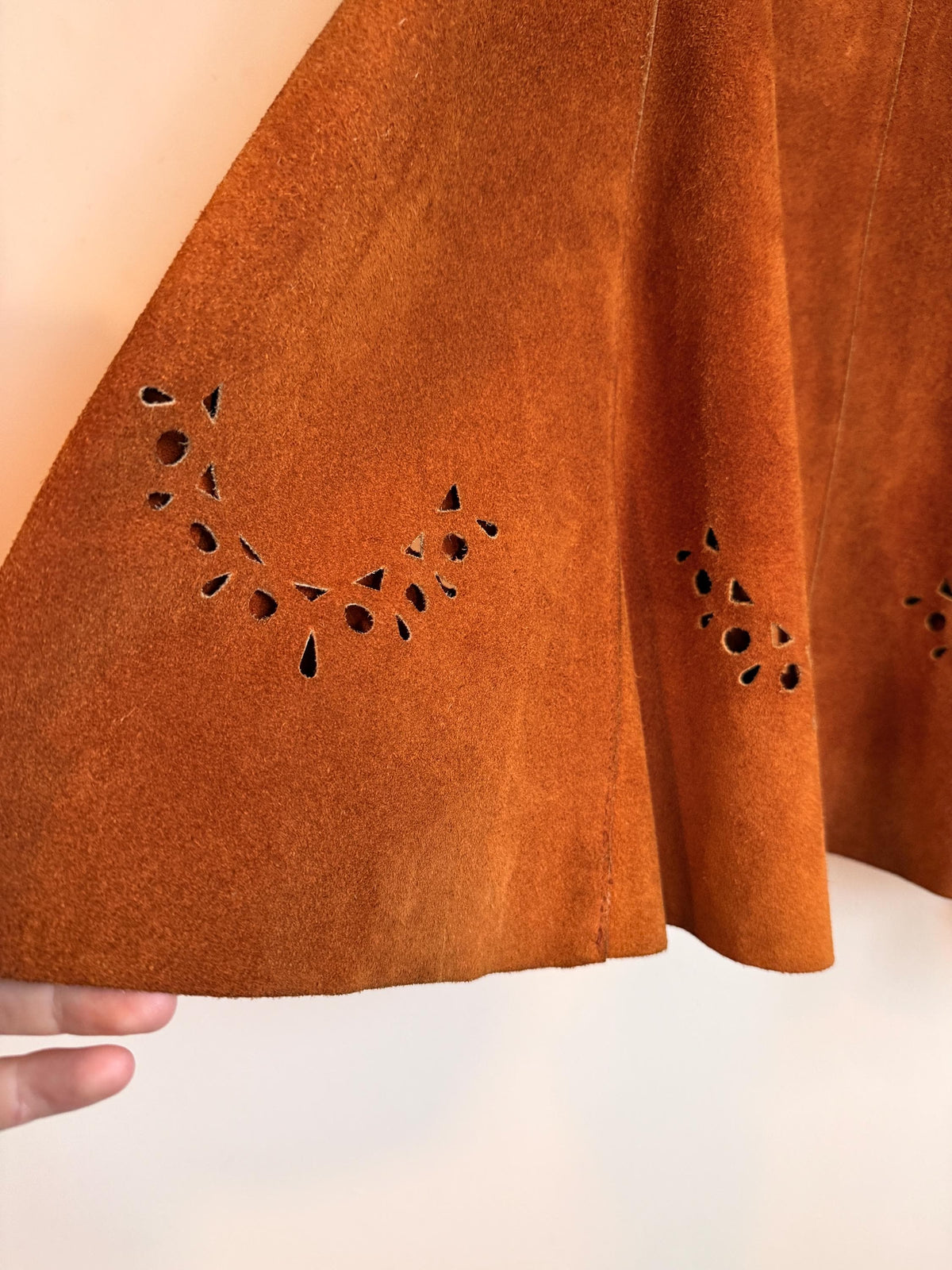 Vintage 1970s Tan Suede Skirt Suit Cutwork Short Sleeve Jacket Flared Panelled Two Piece Rust Leather Co Ord, Boho Western Autumn Outfit