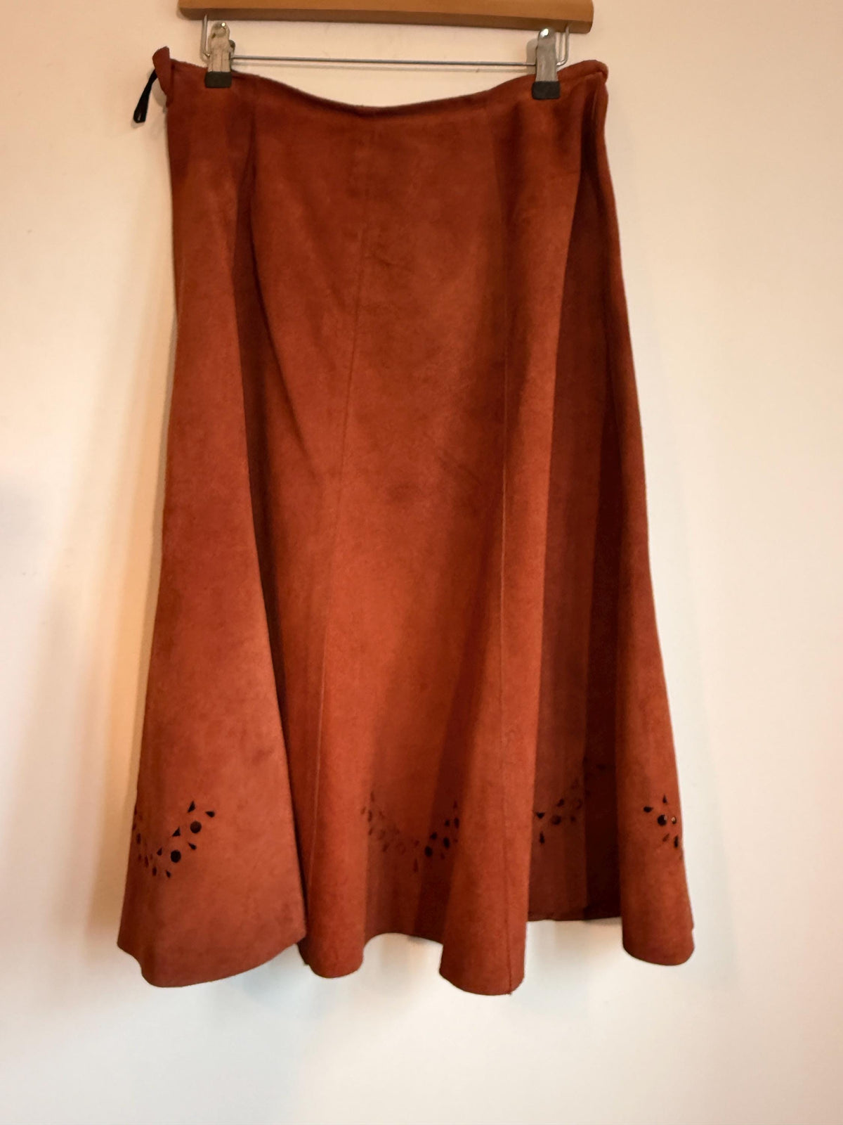 Vintage 1970s Rust Suede Skirt Suit, Cutwork Detail Belted Short Sleeve Jacket Flared Two Piece Made in England Labelled UK 16, Boho Outfit