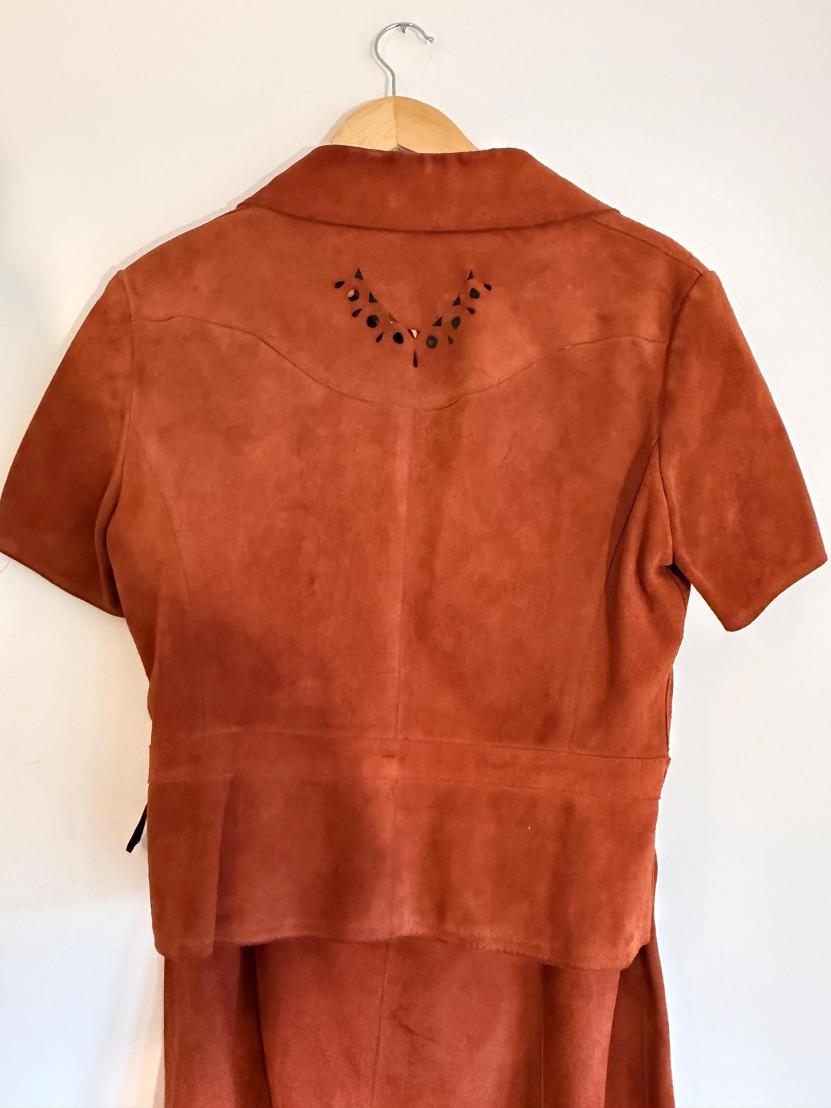Vintage 1970s Rust Suede Skirt Suit, Cutwork Detail Belted Short Sleeve Jacket Flared Two Piece Made in England Labelled UK 16, Boho Outfit