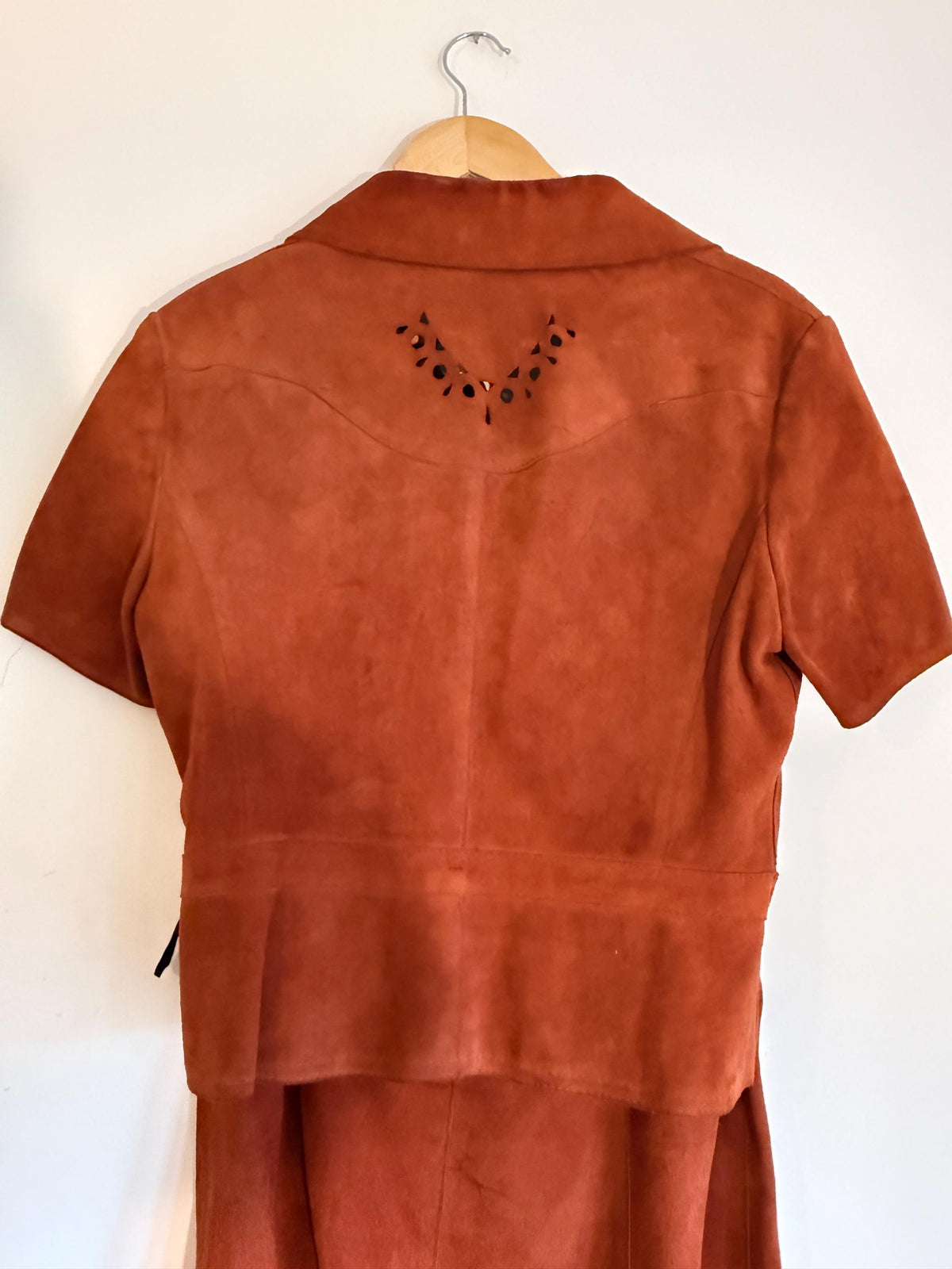 Vintage 1970s Rust Suede Skirt Suit, Cutwork Detail Belted Short Sleeve Jacket Flared Two Piece Made in England Labelled UK 16, Boho Outfit