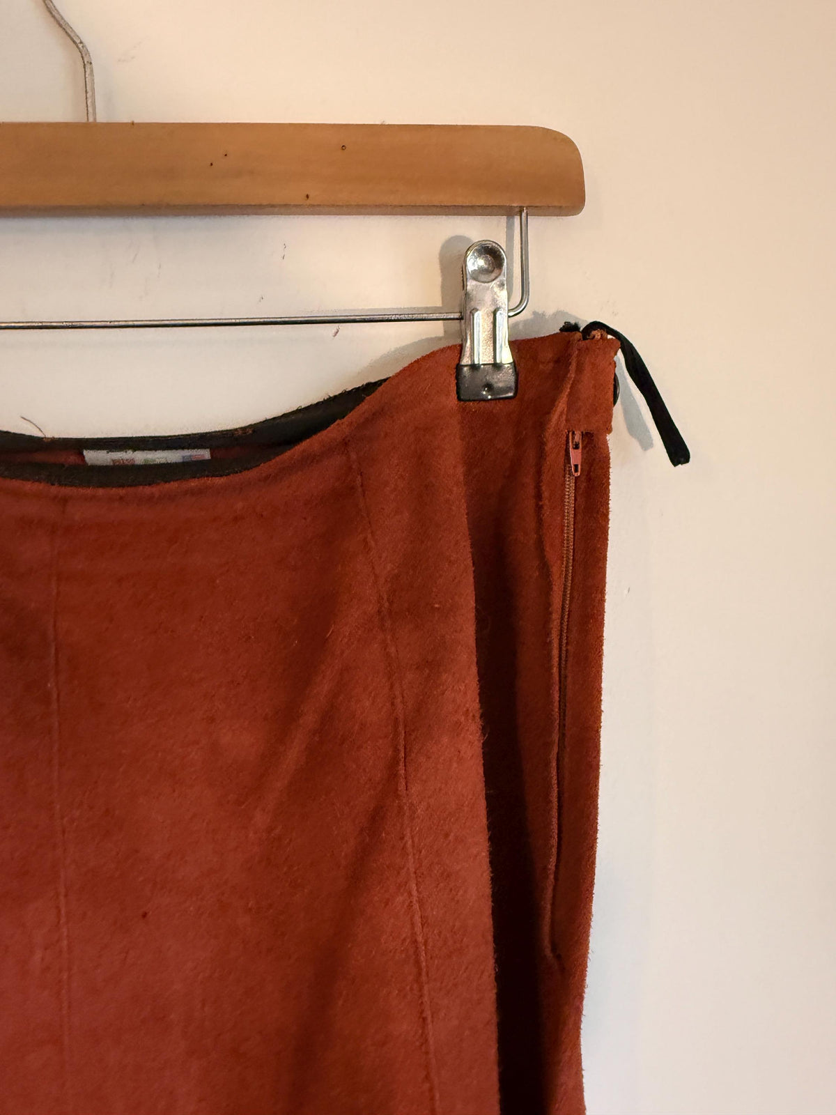 Vintage 1970s Rust Suede Skirt Suit, Cutwork Detail Belted Short Sleeve Jacket Flared Two Piece Made in England Labelled UK 16, Boho Outfit