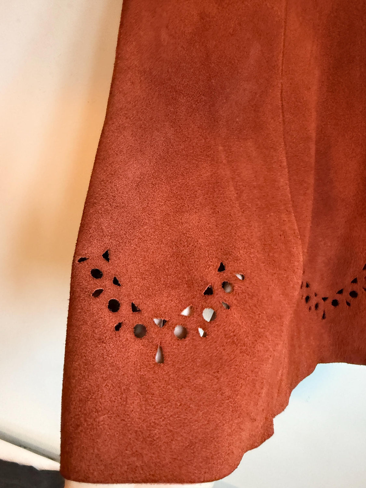 Vintage 1970s Rust Suede Skirt Suit, Cutwork Detail Belted Short Sleeve Jacket Flared Two Piece Made in England Labelled UK 16, Boho Outfit