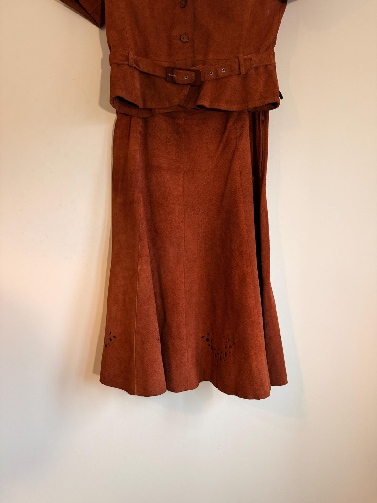 Vintage 1970s Rust Suede Skirt Suit, Cutwork Detail Belted Short Sleeve Jacket Flared Two Piece Made in England Labelled UK 16, Boho Outfit