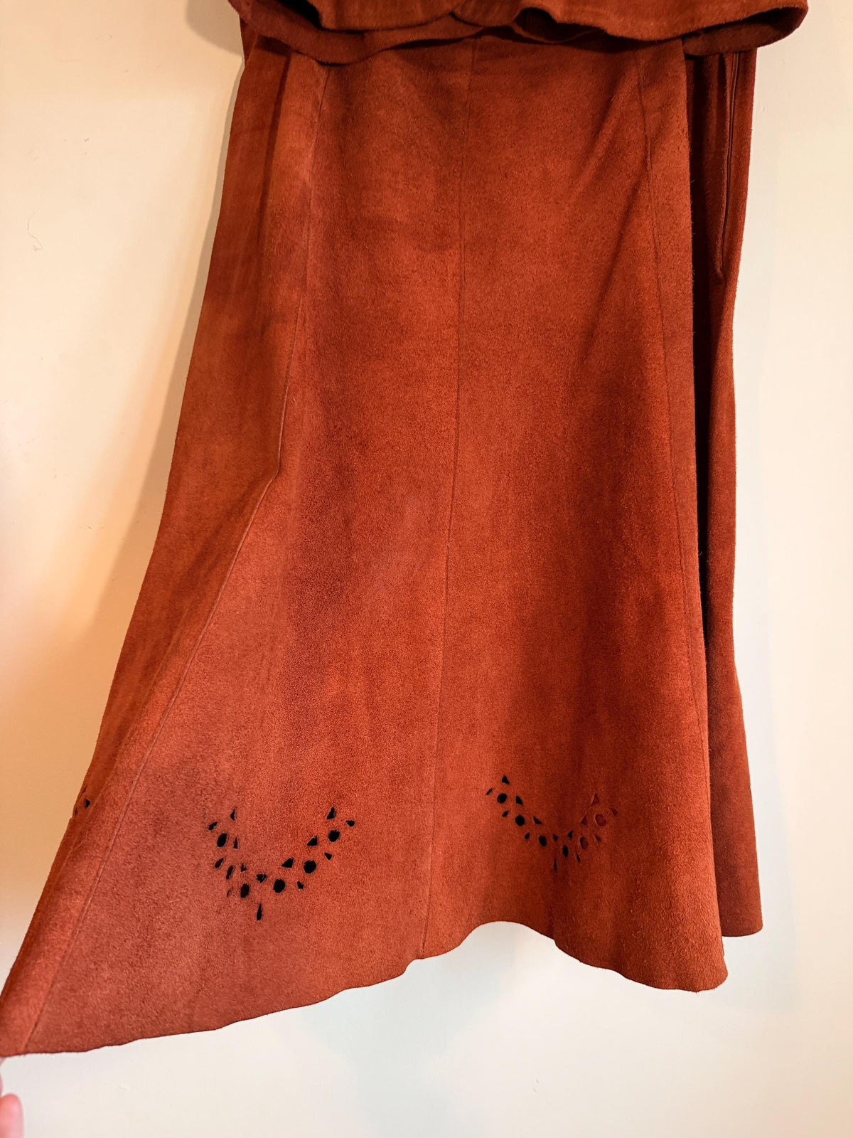 Vintage 1970s Rust Suede Skirt Suit, Cutwork Detail Belted Short Sleeve Jacket Flared Two Piece Made in England Labelled UK 16, Boho Outfit
