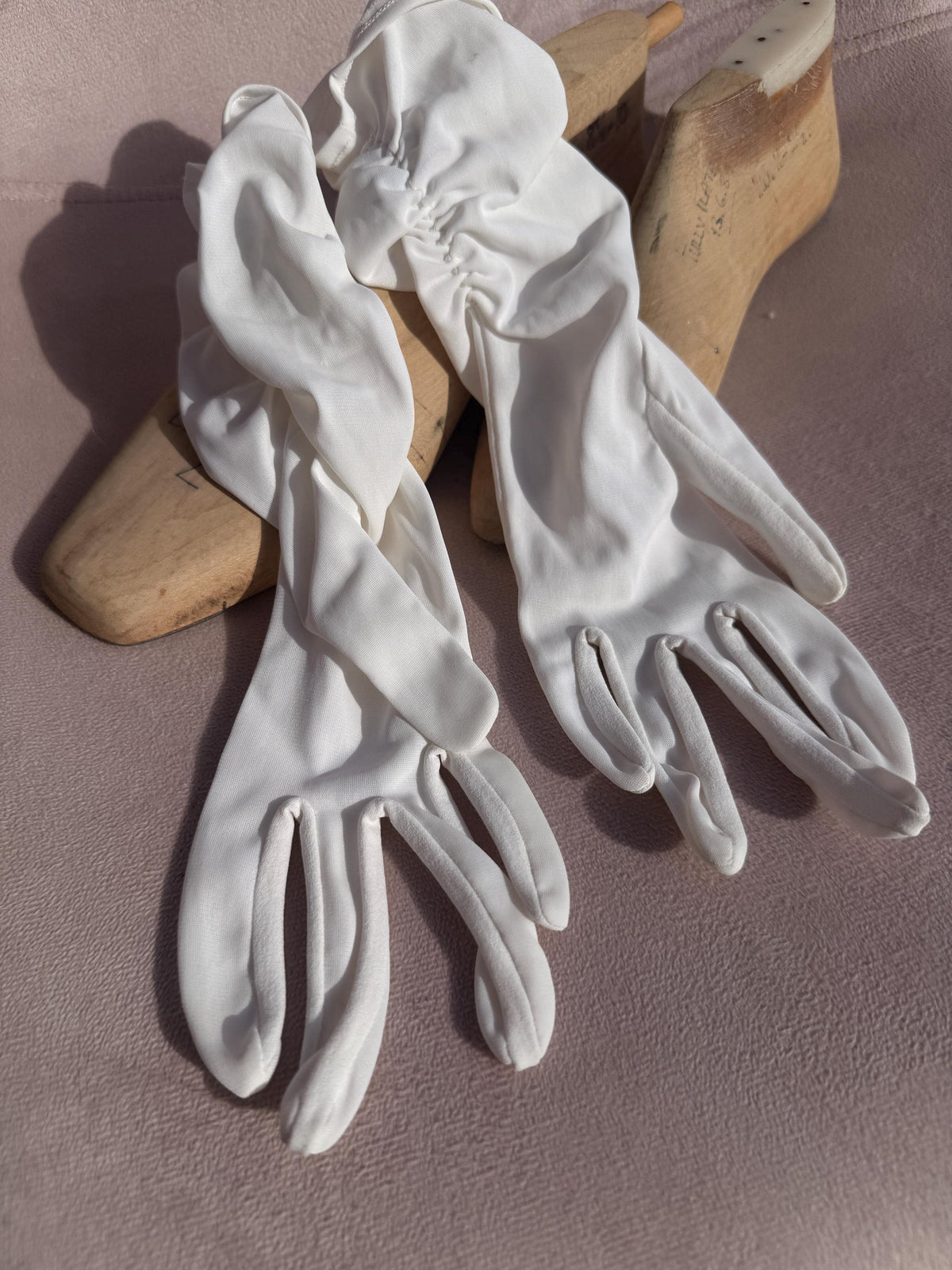 Vintage White Long Ruched Fabric Gloves – Gathered Cuffs, Bridal Evening Accessories
