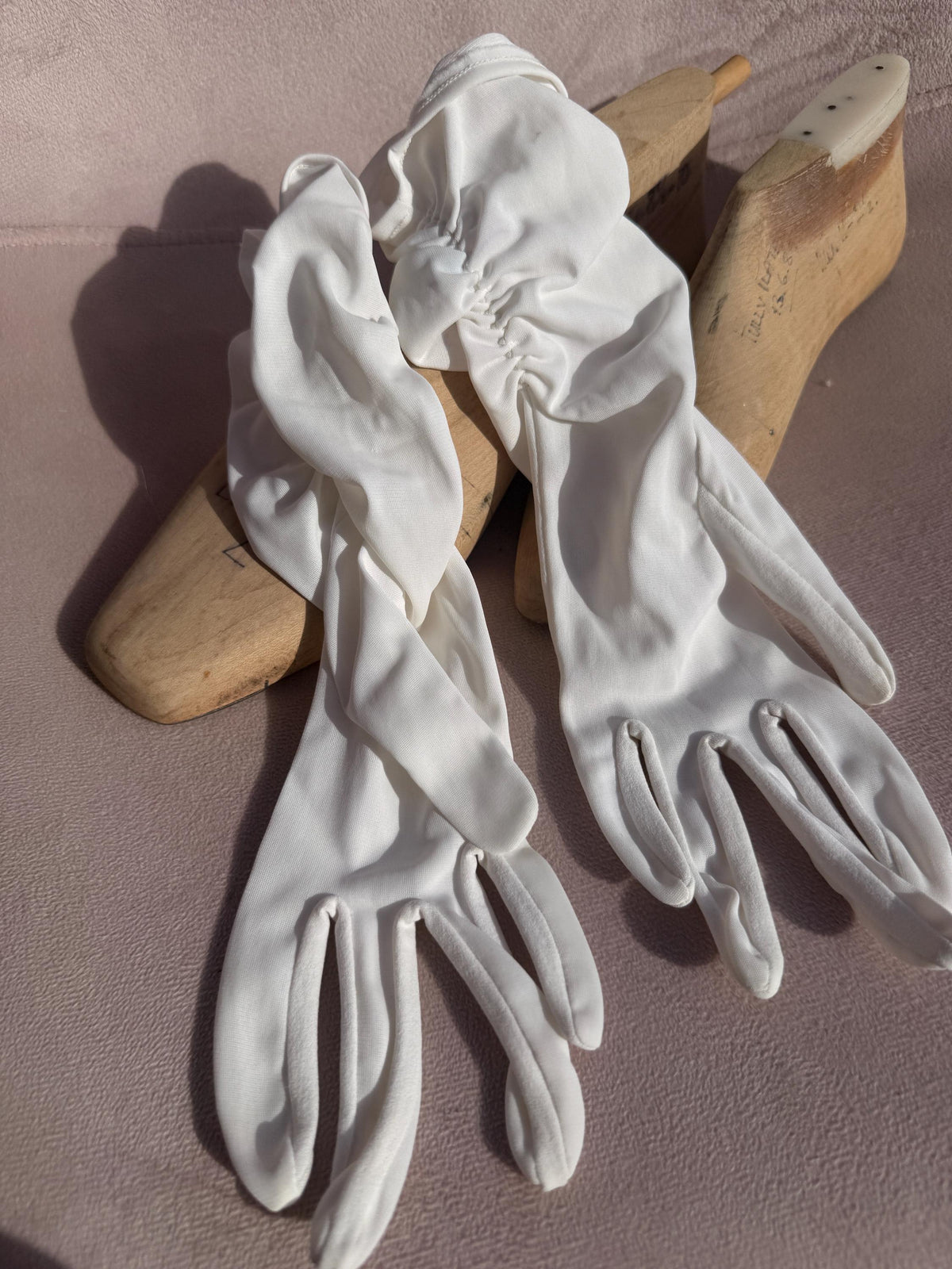 Vintage White Long Ruched Fabric Gloves – Gathered Cuffs, Bridal Evening Accessories