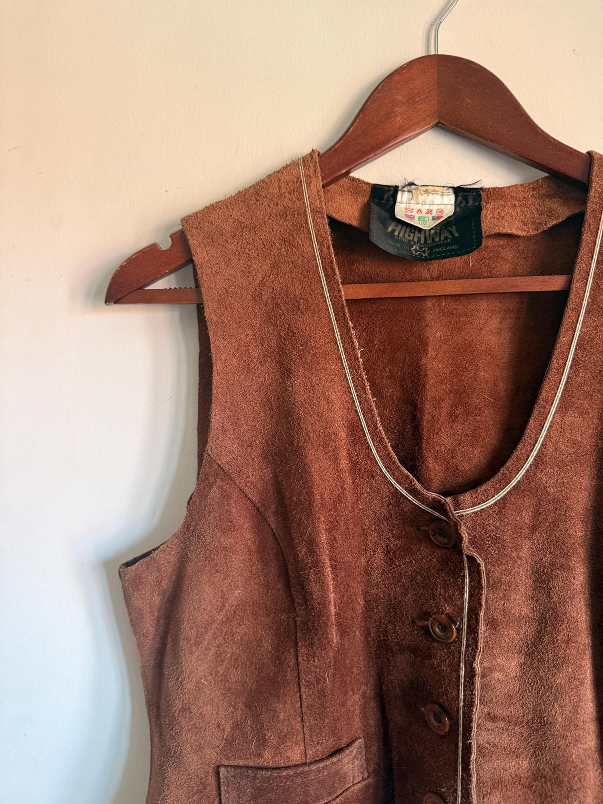 Vintage Highway Brown Suede Waistcoat, Made in England, Button Front Vest with Contrast Stitching and Back Half Belt