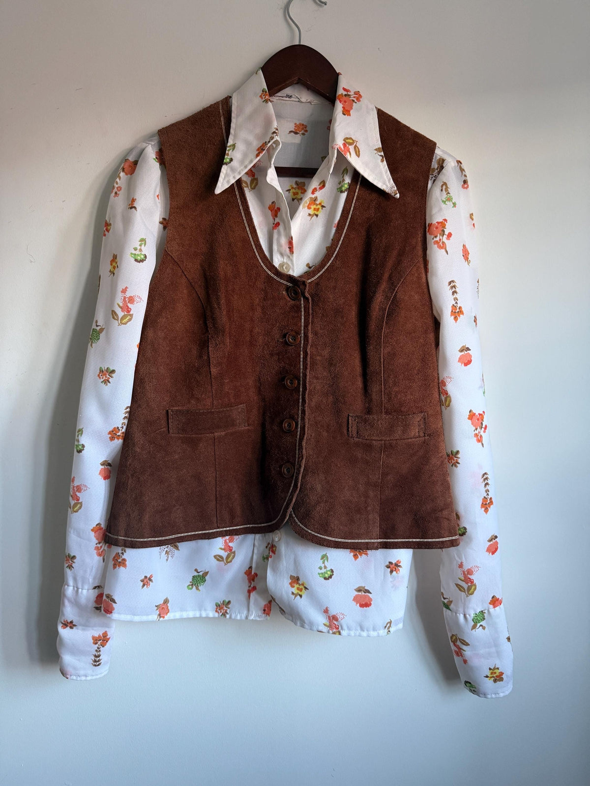Vintage Highway Brown Suede Waistcoat, Made in England, Button Front Vest with Contrast Stitching and Back Half Belt