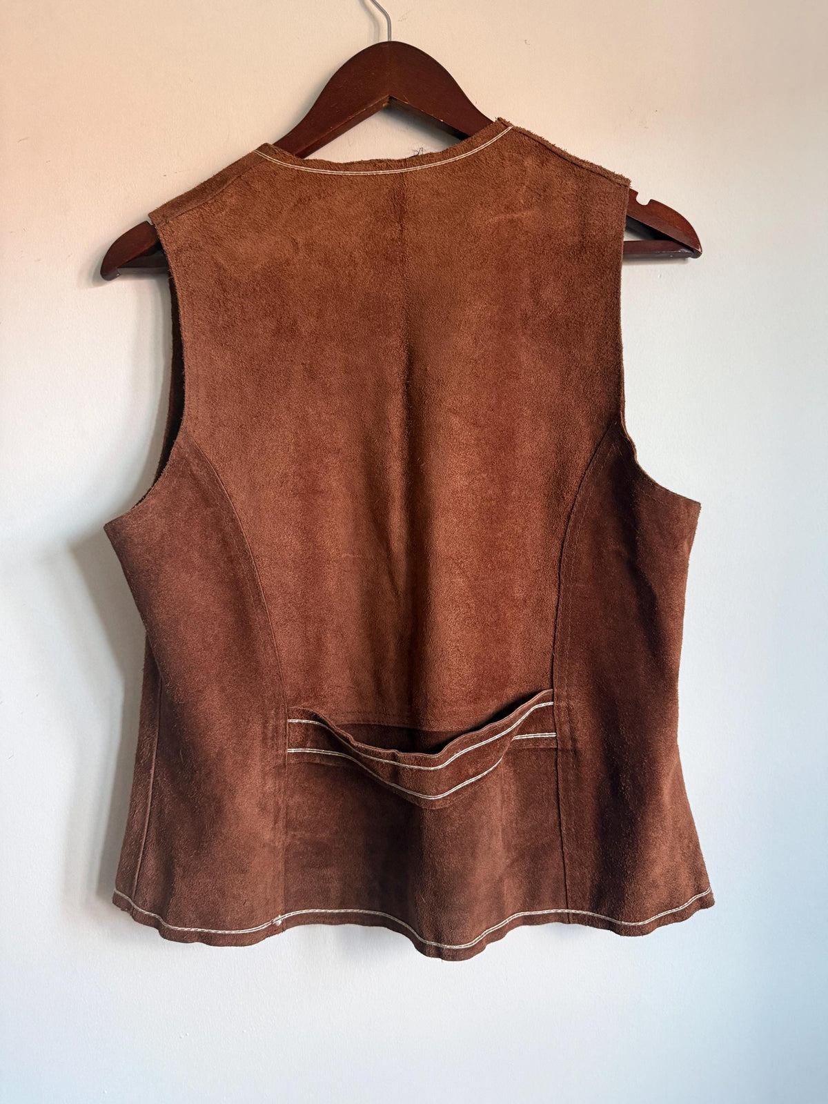 Vintage Highway Brown Suede Waistcoat, Made in England, Button Front Vest with Contrast Stitching and Back Half Belt