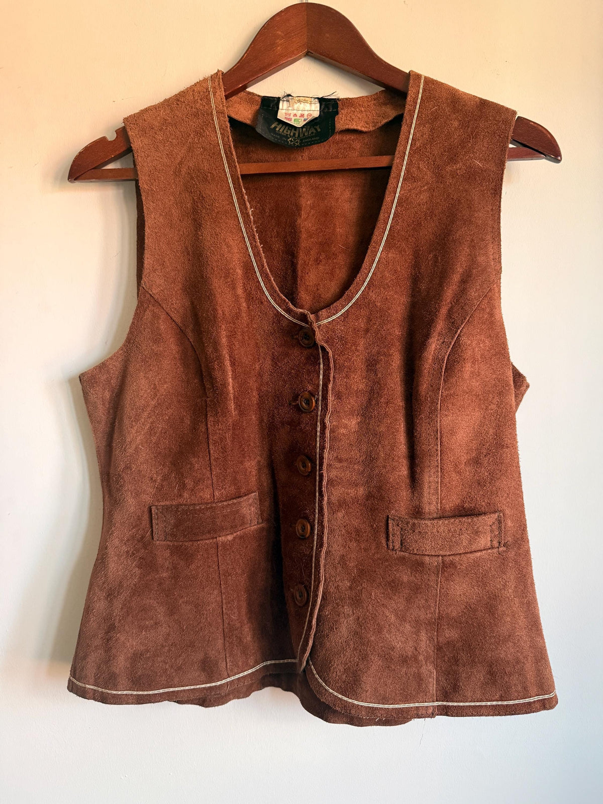 Vintage Highway Brown Suede Waistcoat, Made in England, Button Front Vest with Contrast Stitching and Back Half Belt