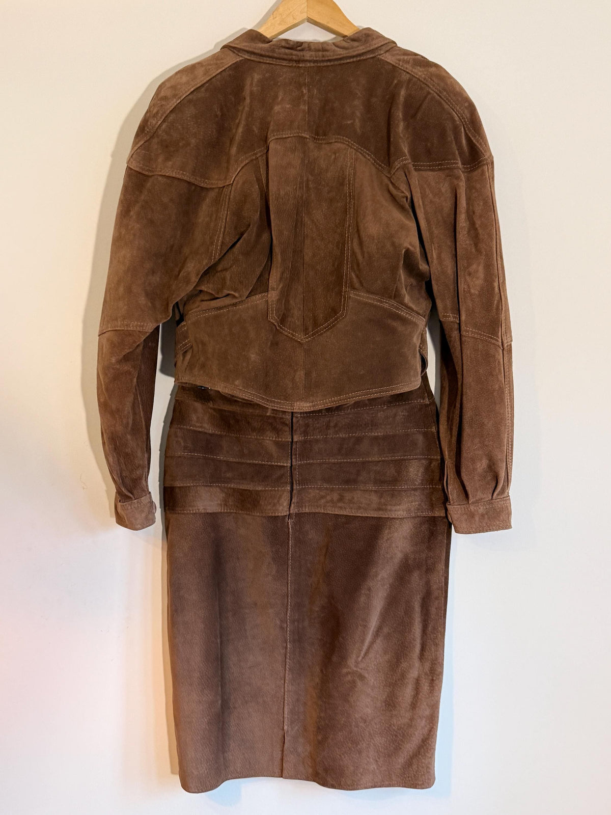 Vintage Brown Suede Skirt Suit, Cropped Buckle Jacket Sculpted Panel Detail, Genuine Leather Two Piece Western Style CoOrd, 1980s Womenswear