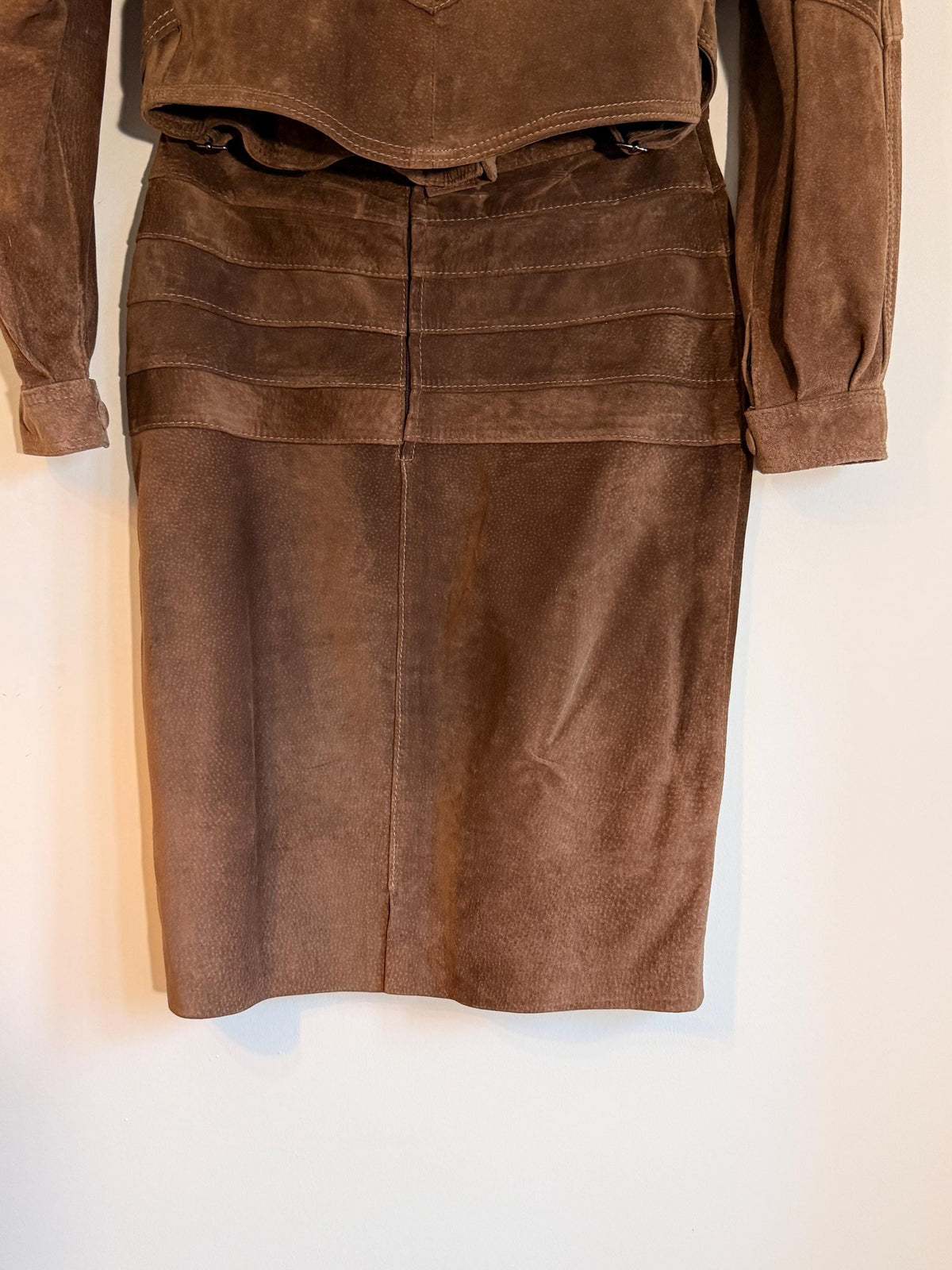 Vintage Brown Suede Skirt Suit, Cropped Buckle Jacket Sculpted Panel Detail, Genuine Leather Two Piece Western Style CoOrd, 1980s Womenswear