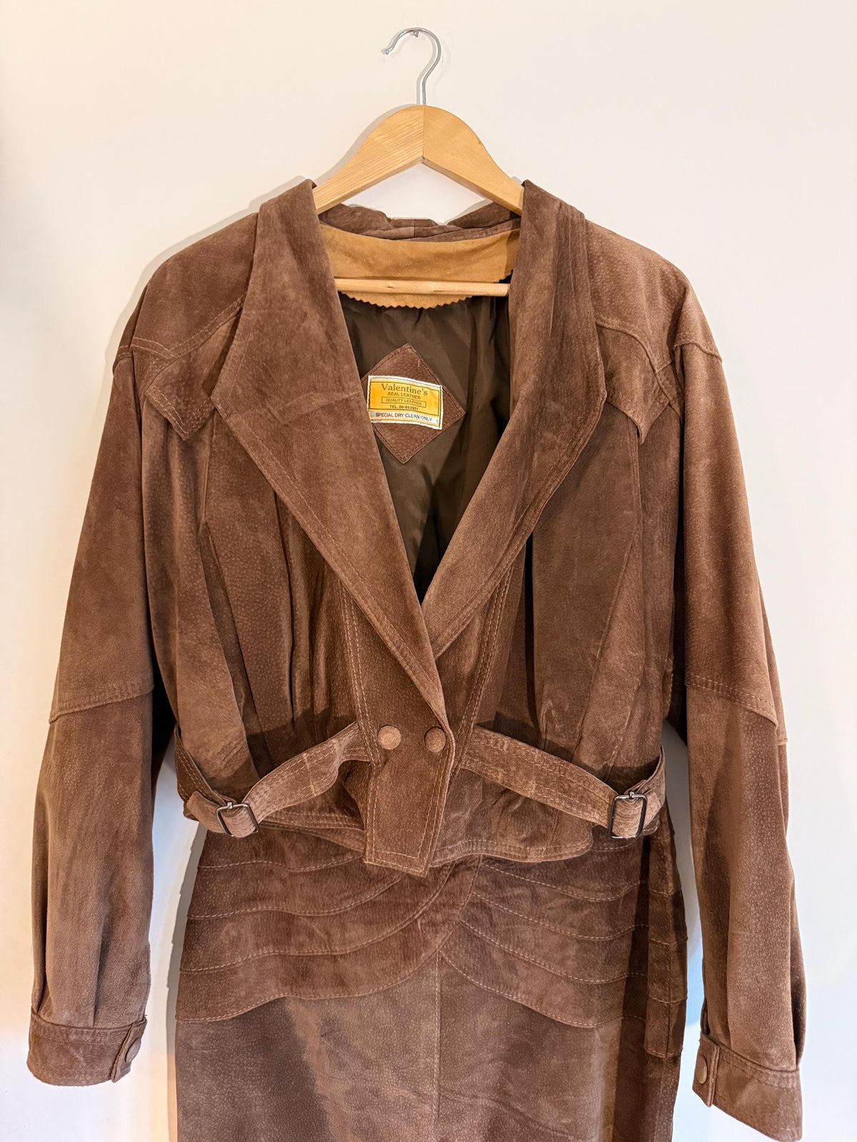 Vintage Brown Suede Skirt Suit, Cropped Buckle Jacket Sculpted Panel Detail, Genuine Leather Two Piece Western Style CoOrd, 1980s Womenswear