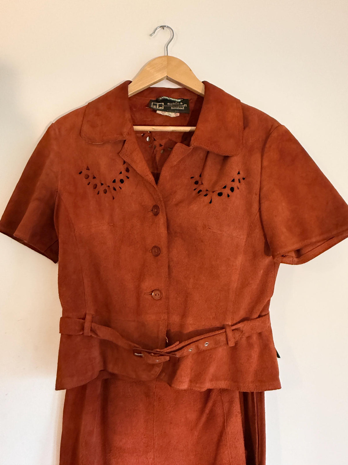 Vintage 1970s Rust Suede Skirt Suit, Cutwork Detail Belted Short Sleeve Jacket Flared Two Piece Made in England Labelled UK 16, Boho Outfit